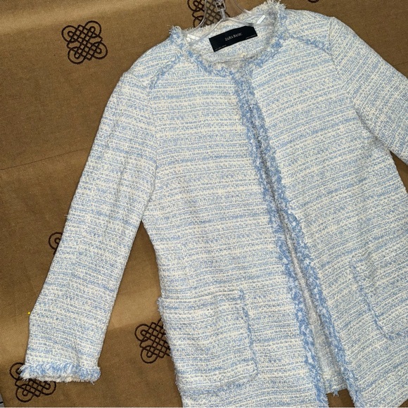 Zara NWT! Blue Kate Middleton Style Tweed Jacket In Light Blue Size L - Picture 3 of 16